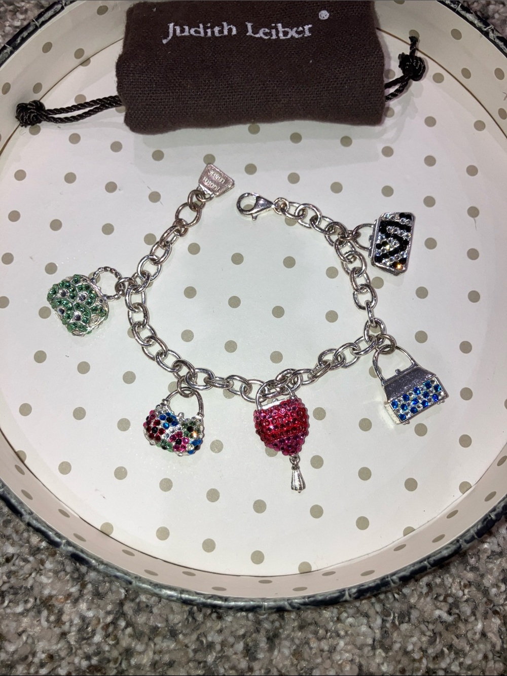 JUDITH LEIBER Sterling Silver & Multi-Color Crystal Handbag Charm Bracelet